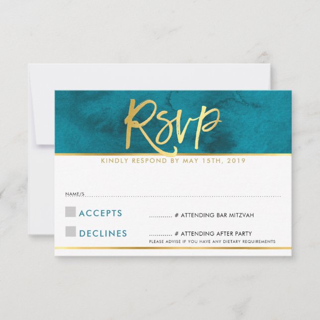 OSA REPLY CARD Modern teal blue guld-skript (Framsida)