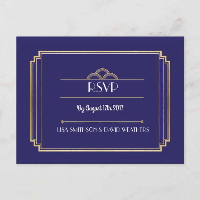 OSA Response Bröllop vycard Art Deco Navy Guld Inbjudan Vykort (Framsida)