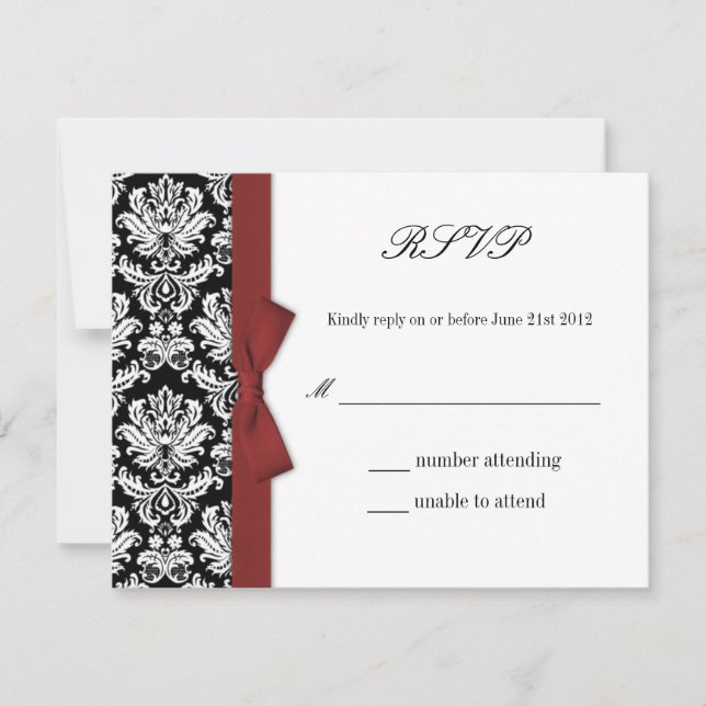 OSA - Svarskort för Damask Burgundy Bow Bröllop Kort (Framsida)