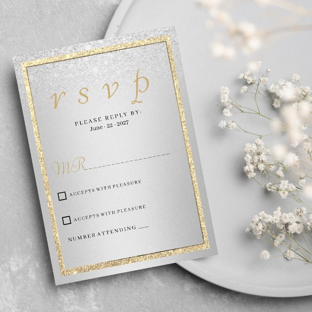 Osa vid eleganten guld silver glitter inbjudningar (Luxury elegant gold silver glitter RSVP )