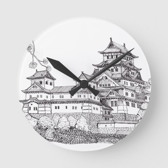 Osaka Castle Japan Black White Illustration Rund Klocka (Framsida)