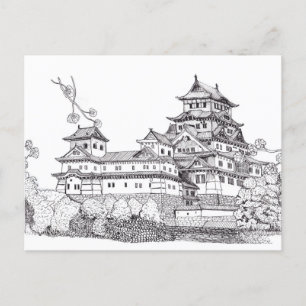 Osaka Castle Japan Black White Illustration Vykort