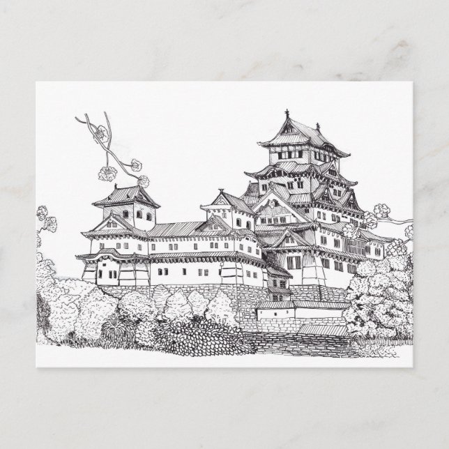 Osaka Castle Japan Black White Illustration Vykort (Framsida)