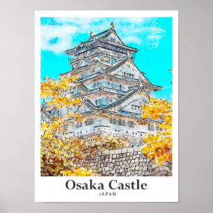 Osaka Castle Japan Travel Watercolor Hand plockade Poster