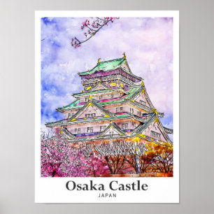 Osaka Castle Japan Travel Watercolor Hand plockade Poster