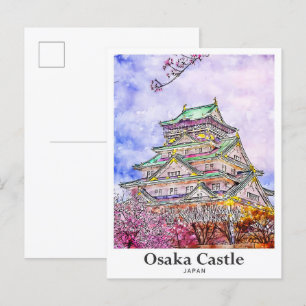 Osaka Castle Japan Travel Watercolor Hand plockade Vykort