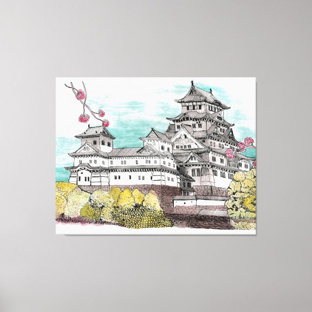 Osaka Castle Japan Watercolor Illustration Canvastryck (Framsida)