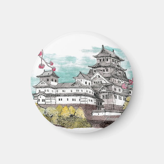 Osaka Castle Japan Watercolor Illustration Magnet (Framsidan)
