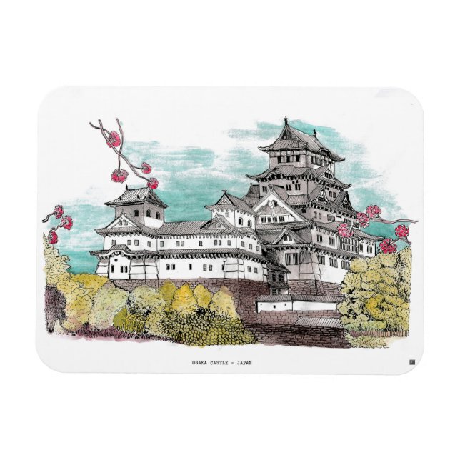Osaka Castle Japan Watercolor Illustration Magnet (Horisontell)