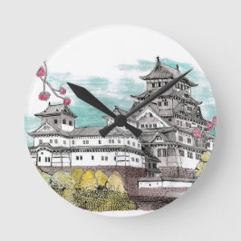 Osaka Castle Japan Watercolor Illustration Rund Klocka