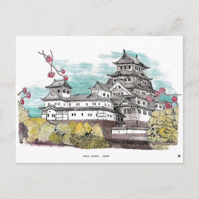 Osaka Castle Japan Watercolor Illustration Vykort (Framsida)
