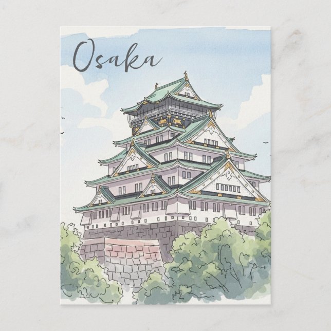 Osaka Castle Japan Watercolor Vykort (Framsida)