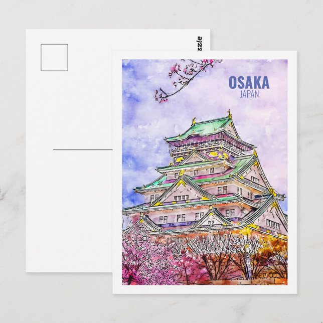 Osaka Japan Berömd Travel Watercolor Sketch Vykort (Fram/baksida)
