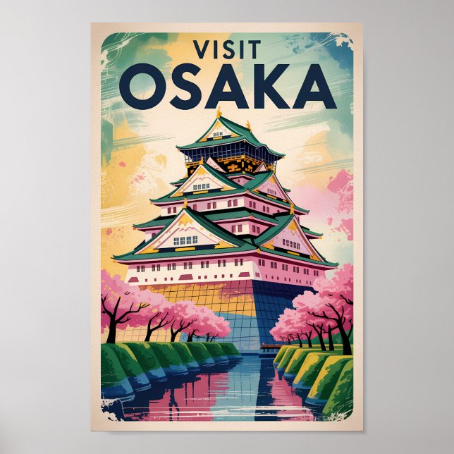 Osaka Japan Castle Illustration Travel Art Vintage Poster (Framsidan)
