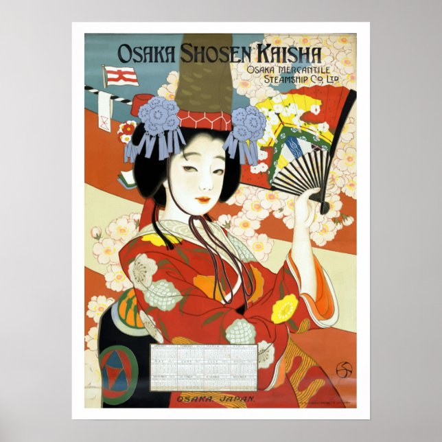 Osaka, Japan, geisha med fläkt, vintage resa Poster (Framsidan)