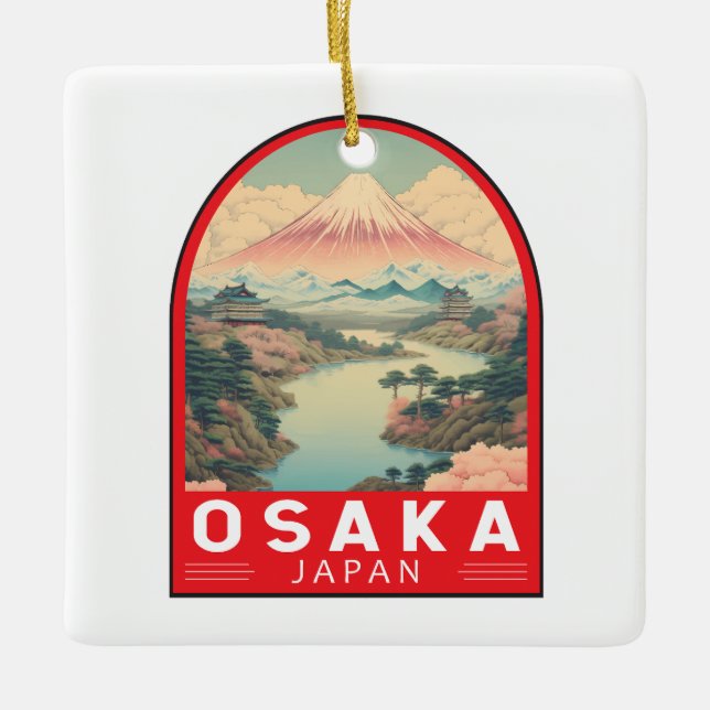 Osaka Japan Mount Fuji Travel Art Emblem Julgransprydnad Keramik (Framsida)