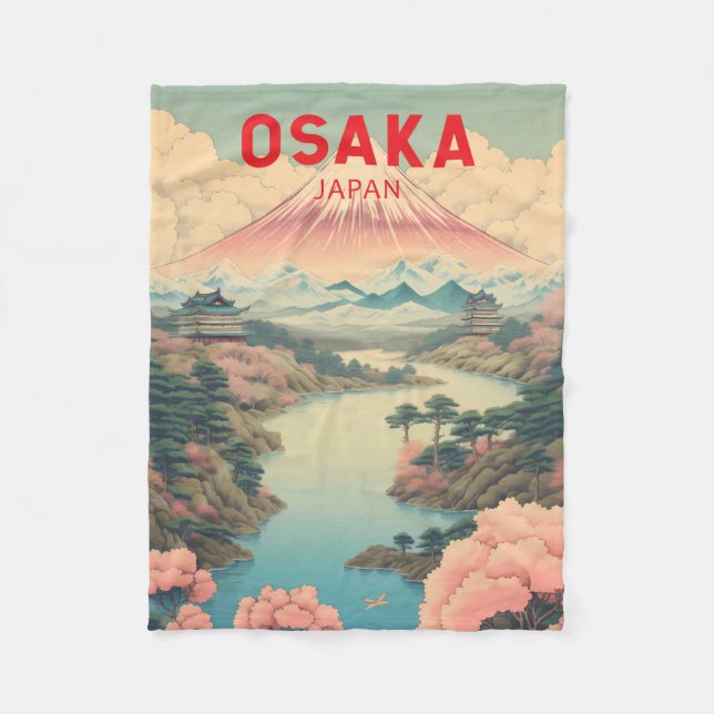 Osaka Japan Mount Fuji Travel Art Vintage Fleecefilt (Framsidan)