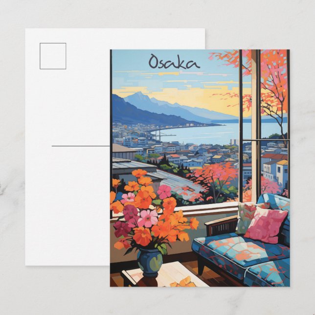 Osaka Japan Resa Stad Målning Estetik Vykort (Fram/baksida)