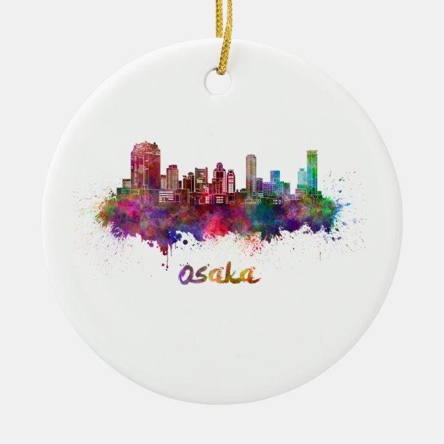 Osaka skyline i vattenfärg julgransprydnad keramik (Framsidan)