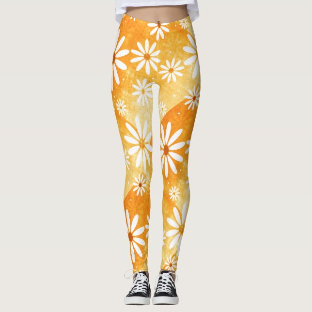 Osäker orange guld med daisy mönstrade leggings (Framsida)