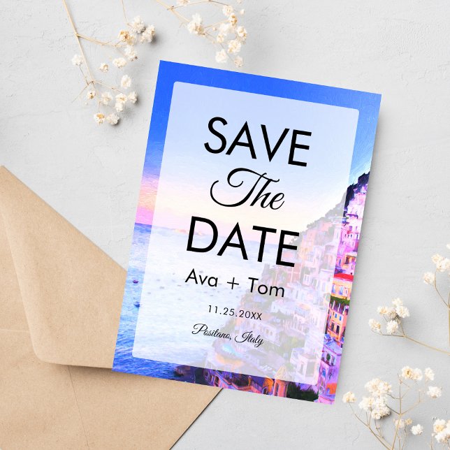 Osäker över position, Italien spara datum Inbjudningar (A sunset of Positano, Italy as a Save The Date!
)