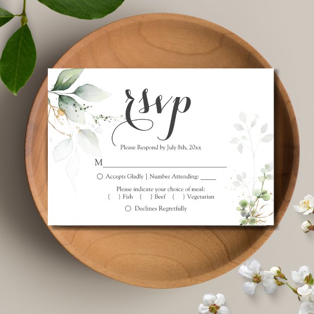 Osan Grey Guld Lövs bröllopsmottagning OSA Kort (Watercolor Greenery RSVP Card)