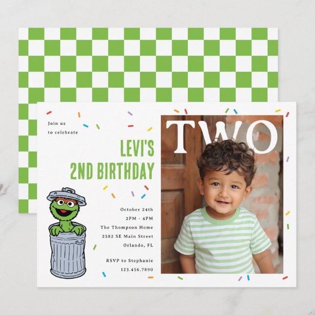 Oscar the Grouch Green Confetti Second Birthday Inbjudningar (Fram/baksida)