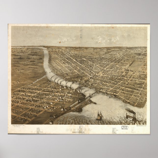 Oshkosh WI 1867 Antique Panoramic Karta Poster (Framsidan)