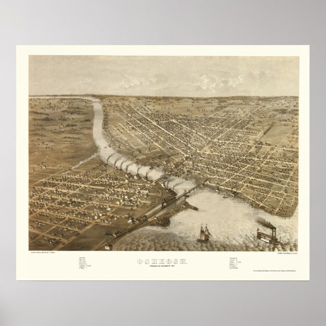 Oshkosh, WI Panoramic Karta - 1887 Poster (Framsidan)