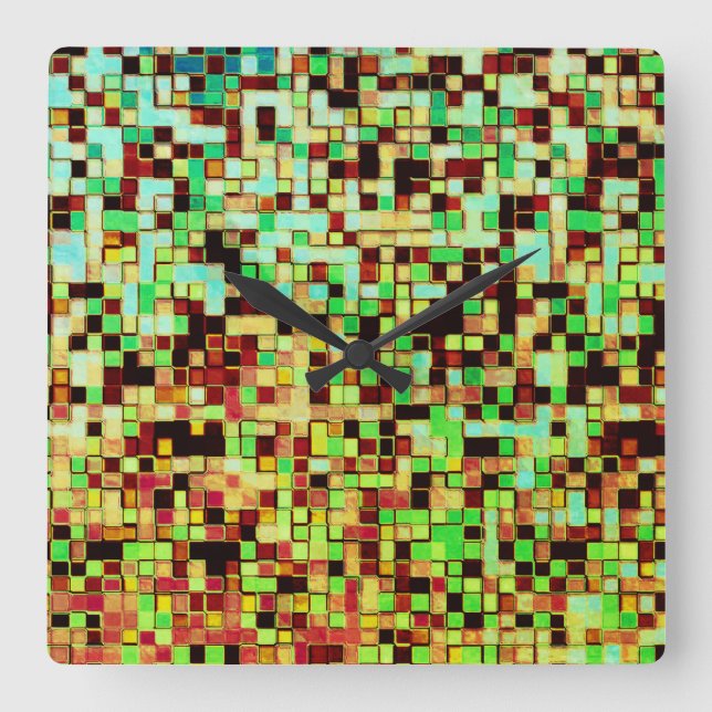 Oskarp grönt och bruna små fyrkanter eller plattor fyrkantig klocka (Framsida)