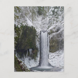 Oskarp vattenfall som omges av en snöig skog vykort