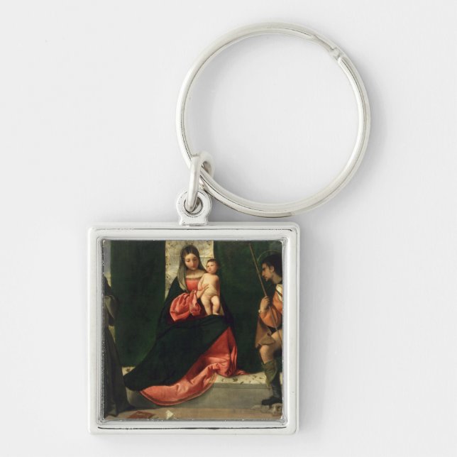 Oskuld och barn med St Anthony av Padua Fyrkantig Silverfärgad Nyckelring (Framsidan)