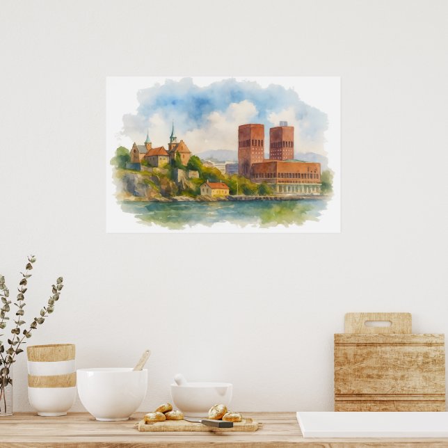 Oslo Norge Akvarell Konst Affisch, Skandinavisk  Poster (Kök)
