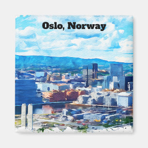 Oslo Norge Akvarellmålning Panorama vy Magnet