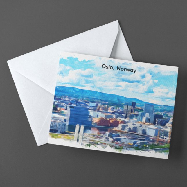 Oslo Norge Akvarellmålning Panoramautsikt Vykort (Oslo Norway Watercolor Painting Panorama View Postcard)
