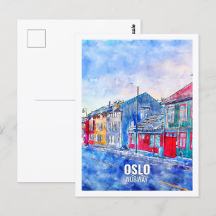 Oslo Norge Berömd Travel Watercolor Sketch Vykort