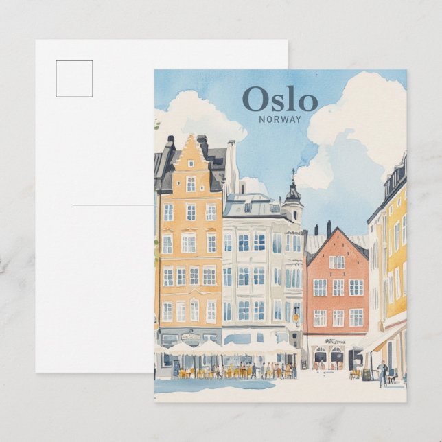Oslo Norge Gouache Paint Illustration Travel Vykort (Fram/baksida)