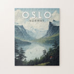 Oslo Norge Travel Art Vintage Pussel<br><div class="desc">Färgdesign för Oslo-reflektor. Oslo,  huvudstad i Norge,  sitter vid land södra kusten vid Oslofjordens överhuvud.</div>