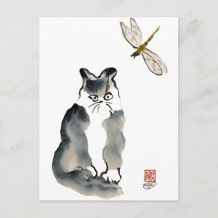 Osmaklig Insekt [dragonfly] och Grått Kitten Vykort