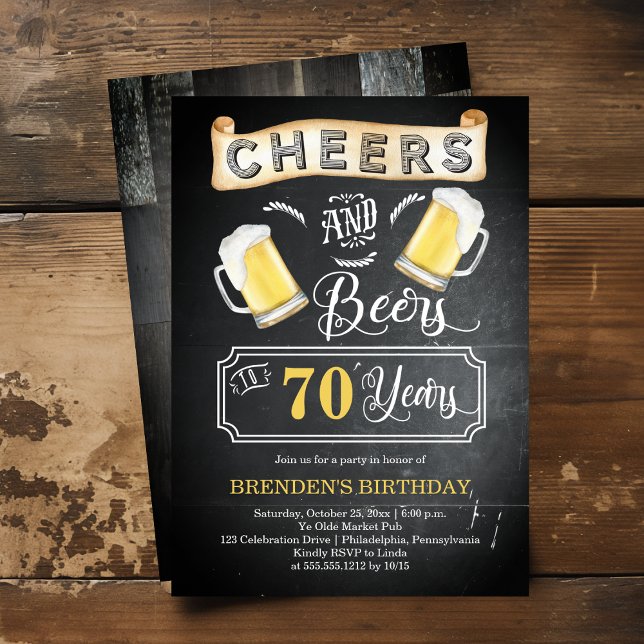Ost och Öl till 70 års Födelsedagsfest Inbjudningar (Cheers and Beers to 70 Years Chalkboard Look 70th Birthday Party Invitation)