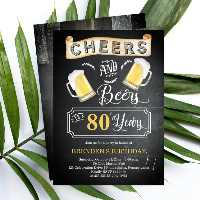 Ost och Öl till 80 års Födelsedagsfest Inbjudningar (Cheers and Beers to 80 Years Chalkboard Look 80th Birthday Party Invitation)