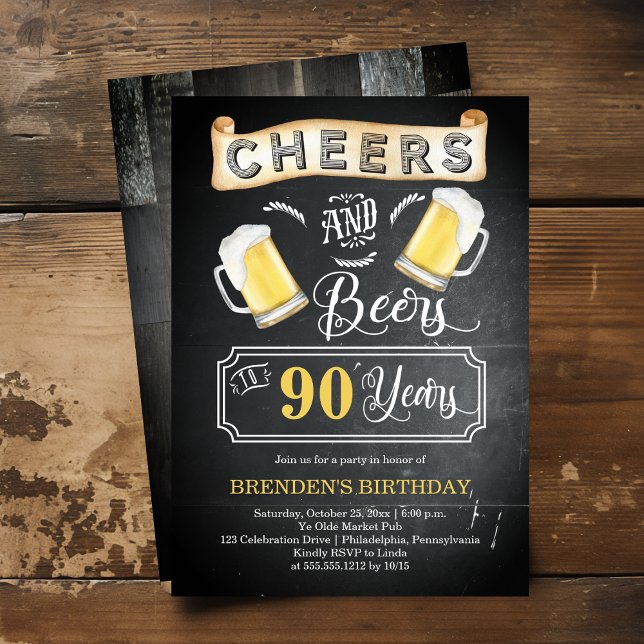 Ost och Öl till 90 års Födelsedagsfest Inbjudningar (Cheers and Beers to 90 Years Chalkboard Look 90th Birthday Party Invitation)