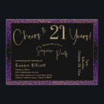 Ost till 21 års överraskningsfödelsedag, Lila Inbjudningar<br><div class="desc">Med två utmärkande typsnitt har jag skapat grafik för ditt tillkännagivande och förskönat dem med en faux-metallisk guld-effekt för ett festligt liv. Även om varje del kan flyttat runt till kostym för dina behov, står rubriken "Cheers to 21 Years!" och "Surprise Party". ("Överraskning" kan tas bort om party inte är...</div>