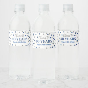 Ost till 40 års Blue Silver Confetti Birthday Vattenflaska Etikett