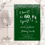 Ost till 60 års födelsedag - Grönt Silver Inbjudningar<br><div class="desc">60:e födelsedagsinbjudan. Skål för 60 år! Elegantens utformning i grönt,  vitt och silver. Innehåller champagneglas,  typsnitt för manus och konetti glitter silver. Perfekt för en snyggt sextionde födelsedagsfesten. Anpassa med dina egna detaljer. Kan anpassas för att visa vilken ålder som helst.</div>
