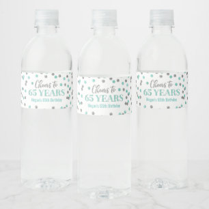 Ost till 65 år Aqua Silver Confetti Birthday Vattenflaska Etikett