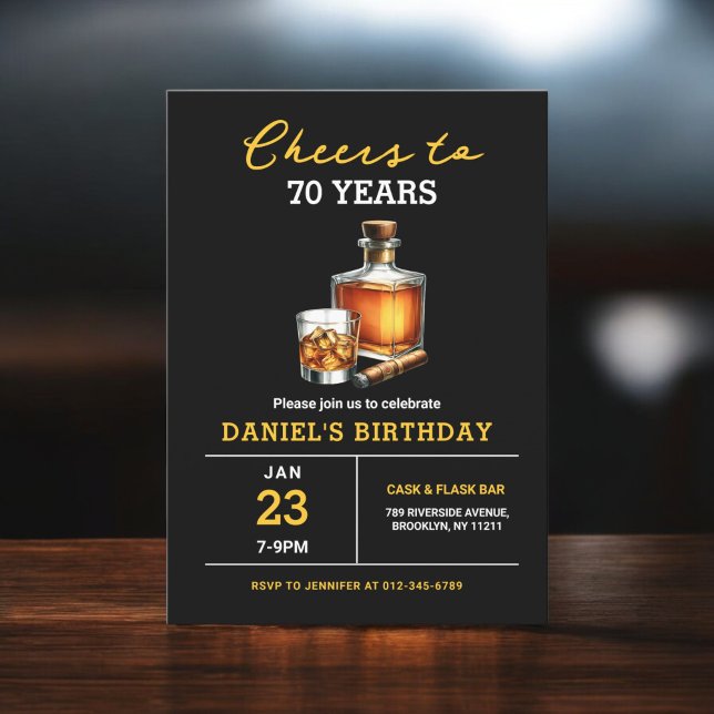 Ost till 70 år Whiskey Cigar Bourbon Birthday Inbjudningar (Skapare uppladdad)