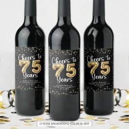 Ost till 75 års Black Guld Confetti Birthday Vinflaska Etikett