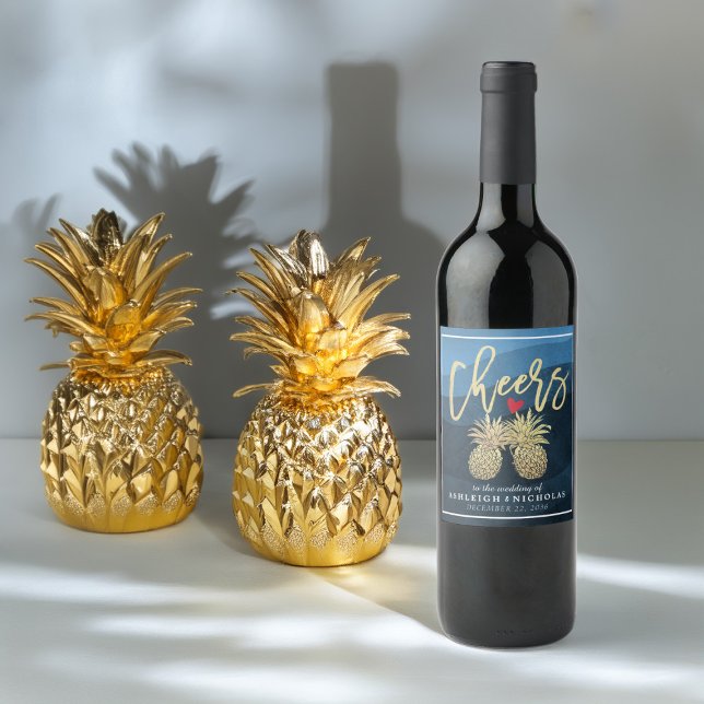 Ost till Bröllop Guld ananas par marinblått Vinflaska Etikett (Skapare uppladdad)
