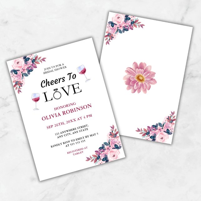 Ost till Kärlek Blommigt Vin Theme Möhippa Inbjudningar (Cheers to Love Floral Wine Theme Bridal Shower Invitation )